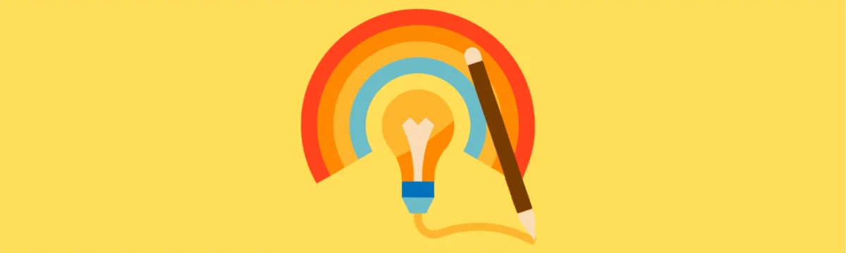 A lightbulb surrounded by a rainbow and a pencil drawing part of the illustration.