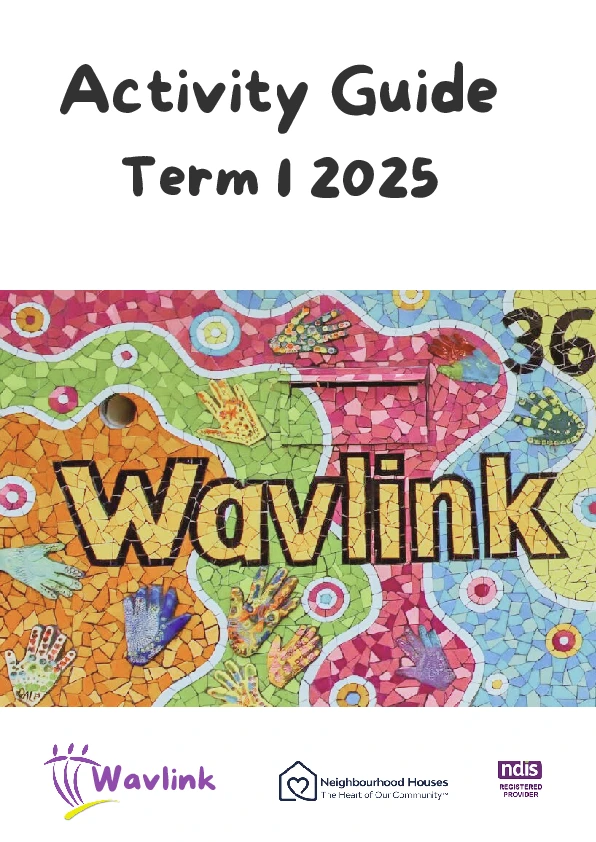 Term 1, 2025 Activity Guide showing a brightly coloured tiled piece of art.